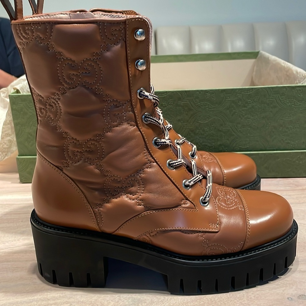 GG Logo Quilted Combat Boots, Like New